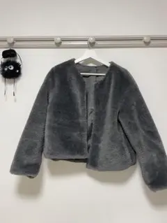 グレー フリース ノーカラージャケット