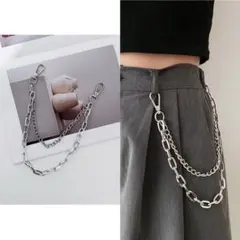 新品 シルバー 2連チェーン チェーン付きベルト W003