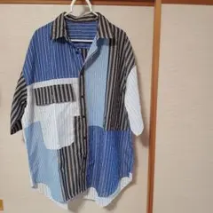 アンティカ　ビッグシルエットシャツ 　半袖　ビッグポケット　ストライプ