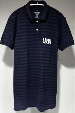 American Eagle USAロゴ ボーダーポロシャツ ネイビーのサムネイル