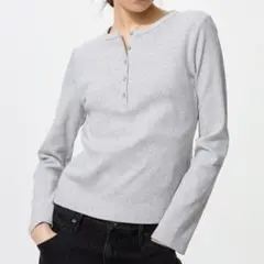 UNIQLO│リブヘンリーネックT│ライトグレー│L