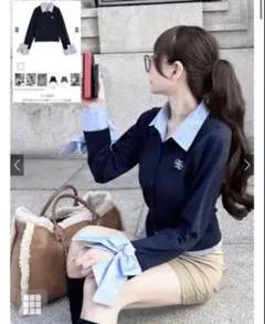 グレイル　襟付き袖リボンロゴ刺繍ニットトップス[fs29]