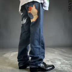 00s EVISU 和柄刺繍 ヘビーオンス ワイドストレートデニム 赤耳Y2K