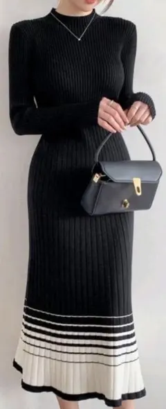 【完売】Dazy リブ編みタイトフレア ニットワンピース 黒