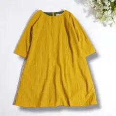 【大きいサイズ】良品☆ホコモモラ ワンピース 黄色 ジャガード Aライン 日本製