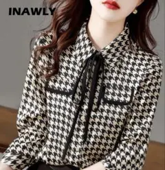INAWLY 千鳥柄トレンド♥️リボンたいシャツ、大人可愛いあきのこない柄定番人気