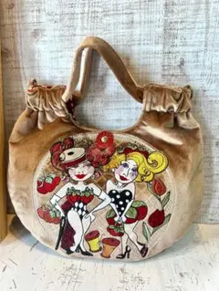 ロラライハリス♡ライトブラウンベロア♡刺繍の丸型ふんわり絞りバッグS♡