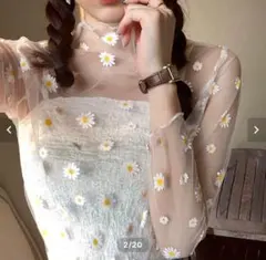 デイジー柄 花柄 シースルー ハイネック トップス 長袖　春服