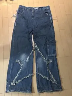 ダメージ加工 ダークブルーワイドデニムパンツ