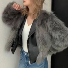 グレー ファー レザーボンバージャケット