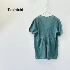 テチチ/リネンブレンド/半袖ブラウス/ハーフボタン/パフスリーブ/薄手ニット/M