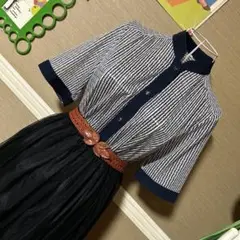 レトロ古着 白×紺 メッシュ生地 半袖ブラウス ヴィンテージ 古着