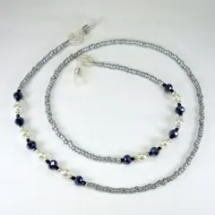 ダークグレーのボタンカットビーズ&フェイクパールのハンドメイドメガネチェーン