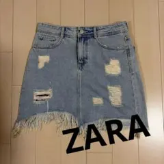 【ZARA TRF】ザラ ダメージ加工 デニムミニスカート フリンジ インディゴのサムネイル