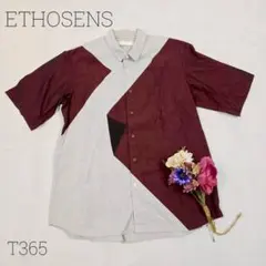 エトセンス　半袖切替シャツ　リラックス　上品　綿100% グレー　ワインレッドのサムネイル