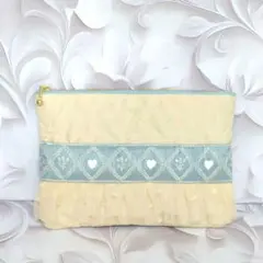 インド刺繍リボン フラットーポーチ ハート×ハート ハンドメイド