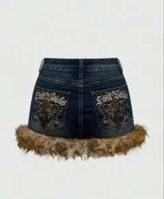 ファー付きデニムショートパンツ
