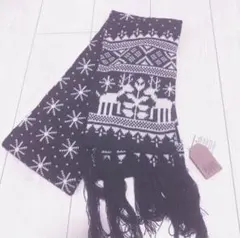 【新品・未使用】ニット マフラー 雪トナカイ柄 冬 黒 白 量産型 地雷 スナ系