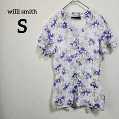 willi smith 【S】 花柄フリル半袖ブラウス　ボタンアップ　ホワイト
