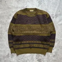 90s 総柄 レトロ ニット M 古着 オリーブ×パープル