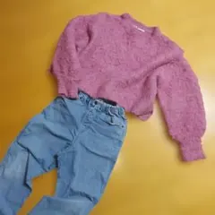 ピンクパープル ボリュームスリーブ ニット M