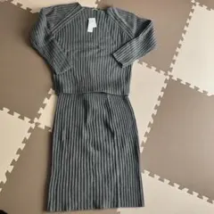 リブ編みグレーセーター＆スカートセットアップ L