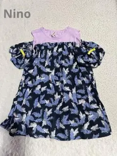 Ninoキッズ　花柄 半袖ワンピース ネイビーオフショルダー110㎝