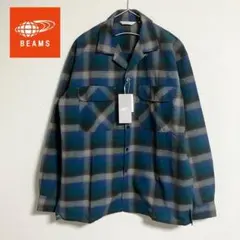 新品 BEAMS チェックシャツ　オンブレチェック オープンカラー シャツ　青