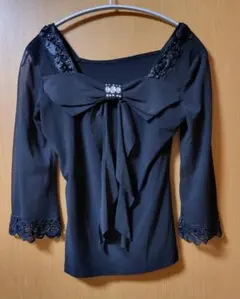 社交ダンス　トップス　黒のリボン付き ビジュー　レッスンウェア