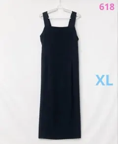 美品 スクエアネック ロングワンピース XL 黒 スリット入り