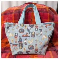 ハンドメイド♡ミニトートバッグ♡ランチバッグ♡手描き風エジプト絵柄♡薄いブルー①