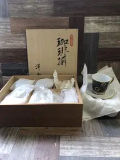 九谷焼　珈琲揃　洋山　青金花柄カップとソーサーセット　5客セット　(80)