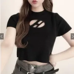 GRLグレイルロゴカッティングニットトップスショート丈クロップドF黒Tシャツ半袖のサムネイル