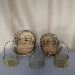 籐製フラワーデザインかご（大・2）・ワイヤーミニかご（3個）セット未使用品