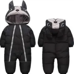 キッズ ジャンプスーツ 犬 パグ 黒 アウター つなぎ 中綿 90 ブルドッグ