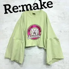 古着リメイク フレア袖 グランジ 長袖Tシャツ クマ 緑 ピンク プリント