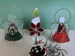 ステンドグラス製　クリスマス人形　天使とキャンドルのデザインのセット