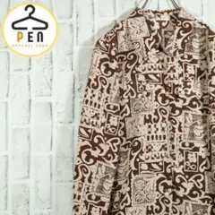 【おしゃれコーデ◎レトロ古着】総柄シャツ 幾何学模様 レトロボタンユニセックス