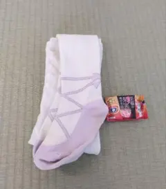 リボン柄 キッズタイツ ホワイト/パープル 120cmまで