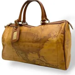 プリマクラッセ ボストンバッグ ハンドバッグ PVC レザー ブラウン 世界地図