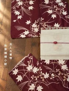 【新品未使用】洗える総柄小紋 着物 臙脂色 紅葉・秋草柄 168cm
