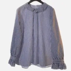 美品 ドゥクラッセ フリルネック ストライプブラウス 大きいサイズ LL