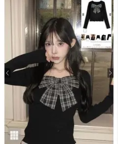 チェック柄リボンドッキングリブニットトップス［gn548］