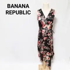 バナナリパブリック 美品 シルク混フラワープリントワンピース ブラック Mサイズ
