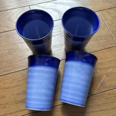 青いストライプデザインの陶器コップ4個セット