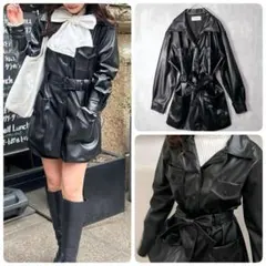 Treat ürself ベルト付き レザージャケット 光沢 ブラック 黒