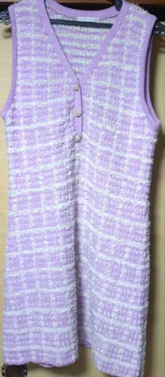 WILLSELECTION ツイード風　ニットワンピース　紫　白　M レディース