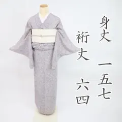 ちりめん＊小紋 袷着物 葉模様 薄灰紫色 カジュアル 普段着物 正絹 3KP9