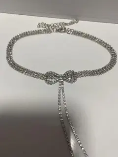 リボンモチーフ ラインストーンネックレス シルバー