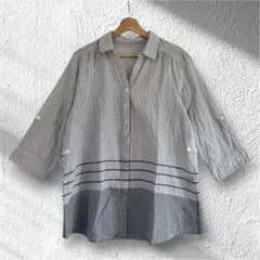 【美品】ストライプ×チェック 七分袖 シャツ ロールアップ＆サイドベルト付 L